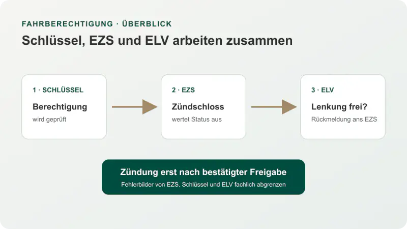 Schaubild der Freigabekette: Schlüssel, elektronisches Zündschloss (EZS) und elektrische Lenkungsverriegelung (ELV).